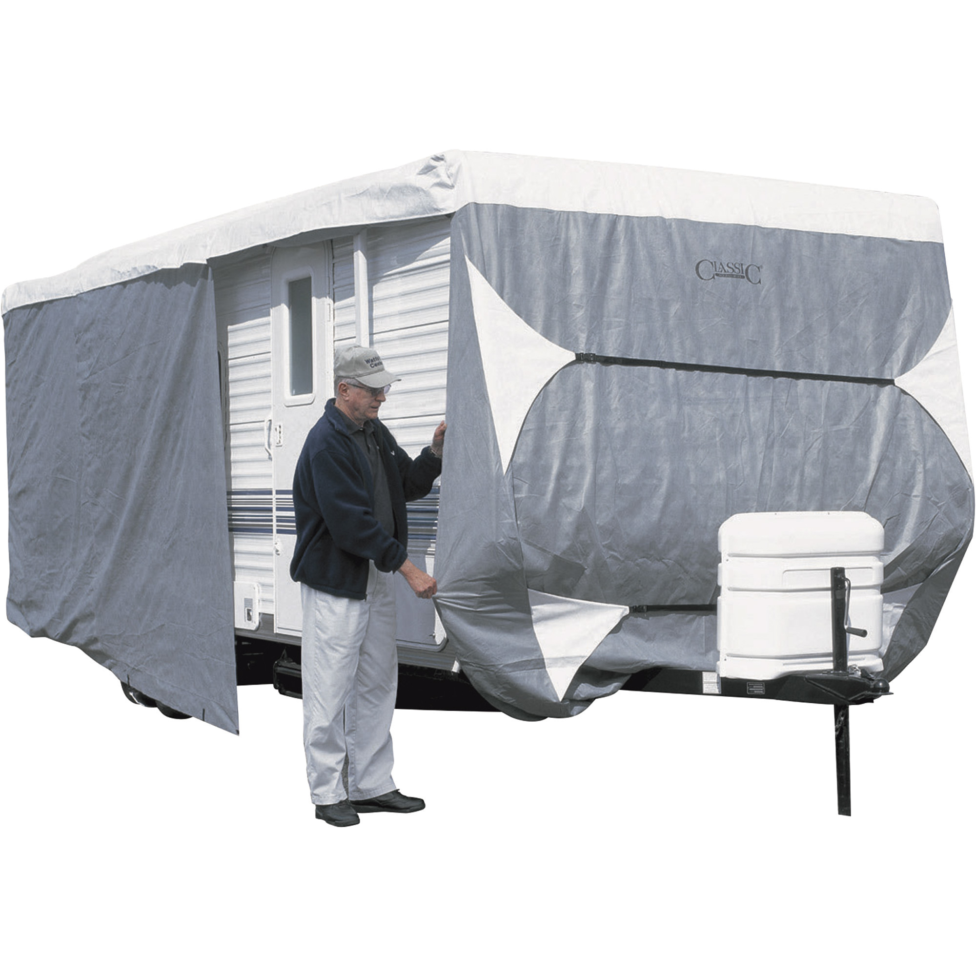 Classic Accessories OverDrive PolyPro 3 Deluxe Travel Trailer Cover, Model 6, Gray and White, Fits 30ft.L-33ft.L x 118in.H RVs, Model# 73663